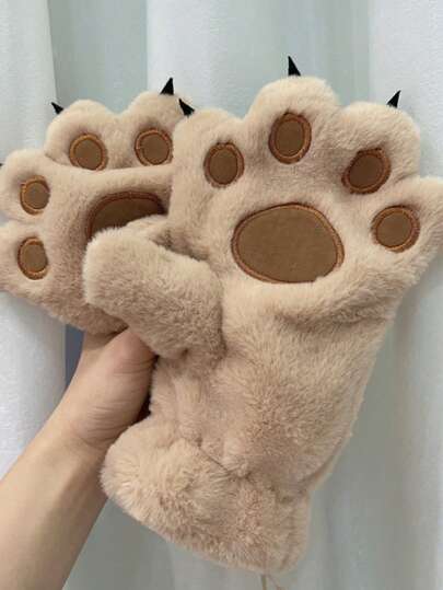 1 Pair Colorblock Bear Paw Design Gloves, Thermal Lined Warm Scarf Gloves, Windproof Outdoor Gloves For Students, Couples, Casual Wear In Autumn/Winter