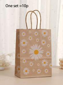 10pcs-Daisy Flower Print Gift Bags Kraft Paper Carrier Bags, Small Daisy Paper Gift Bags Made Of Kraft Paper, Holiday And Party-Themed Gift Bags, Festival Packaging For Party Favor Packaging