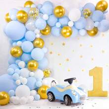 102pcs Blue, Gold & White Balloon Arch & Garland Kit, Chrome Gold Balloons With Macaron Blue & White Latex Balloons For Round Balloon Set, Suitable For Birthday, Wedding, Anniversary, Baby Shower, Gender Reveal - No Power Needed, Fits All Seasons And Father's/Mother's Day Party Decor