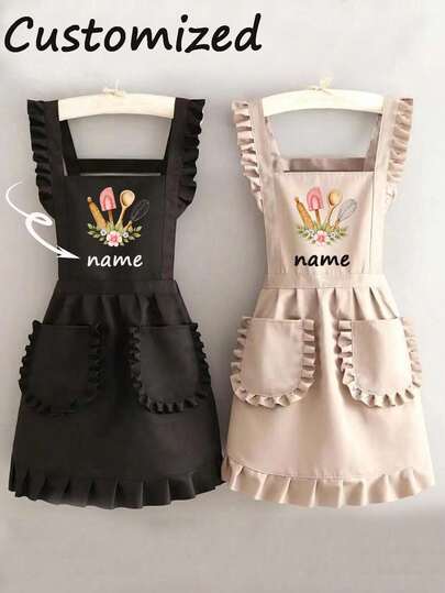 1pc Custom Printed Fashionable Korean Style Apron, Waterproof And Stain-Resistant, Cute Lace Skirt Apron, Black Anti-Stain Sleeveless Apron, Suitable For Home, Kitchen, Nail Salon, Cooking, Baking, Nail Salon, Ladies' Workwear, Coffee Smock, Home Cooking Cleaning Sleeveless Bib Apron, Washing Gloves