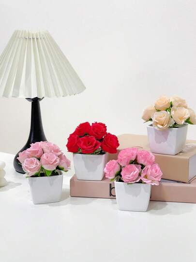 1PC 4.3-Inch (H) Artificial Rose Mini Potted Plant Home Living Room Bedroom Wedding Birthday Party Desktop Cute Decorative Gift