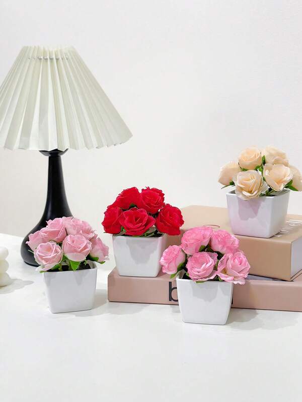 1PC 4.3-Inch (H) Artificial Rose Mini Potted Plant Home Living Room Bedroom Wedding Birthday Party Desktop Cute Decorative Gift