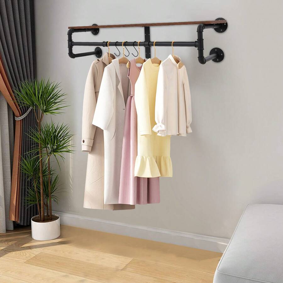 kangten Wall Coat Rack With Floating Shelf, Wall Mounted Clothes Shelf, Kitchen Shelf With Four Bases - Black - View 1