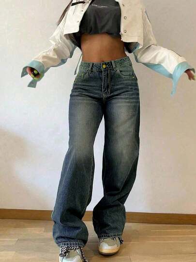 Women's Y2K High-Waisted Wide-Leg Jeans – Vintage Wash Cotton-Blend Boyfriend Denim, Versatile & Flattering Everyday Wear