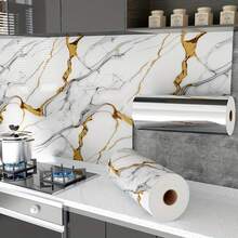 1 卷，优质大理石自粘墙纸，可移除 DIY 墙贴，防水、防油、易于维护和清洁，适用于厨房、浴室、墙壁装饰，现代简约艺术风格墙纸墙贴房间装饰壁纸贴纸墙壁卧室装饰厨房装饰家居装饰 - 白金 - 查看 3
