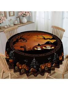 1pc Halloween Round/Rectangle Tablecloth - 60 Inch Polyester, Suitable For Halloween Decoration, Kitchen Party, Family Gathering And Picnic, Durable Tablecloth, Halloween Decor
