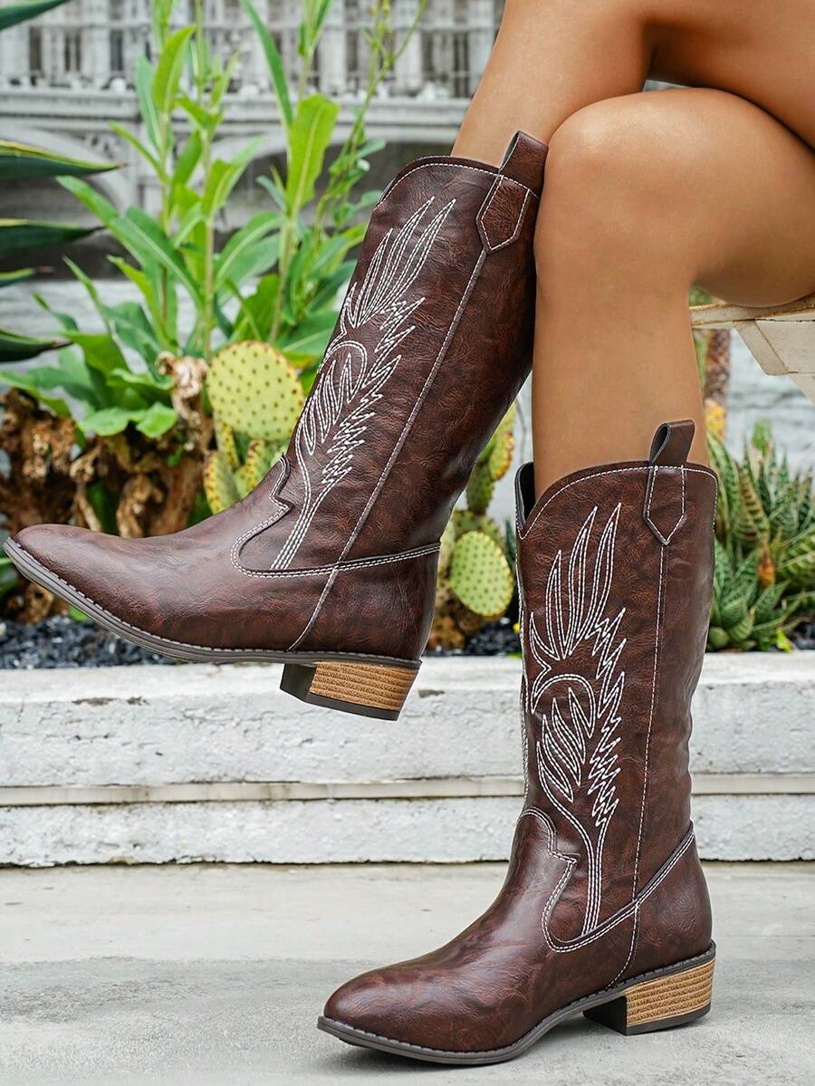 New Women's Embroidered Leather Coffee Brown Western Boots, Pointed Toe Chunky Heel Knee-High Boots, Outdoor Casual Fashion Dress Boots - Coffee Brown - View 1