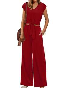 XIEERDUO 2 Piece Sets For Women Summer Outfits 2025 Beach Vacation Clothes Travel Outfits V Neck Crop Tops Wide Leg Pant Sets