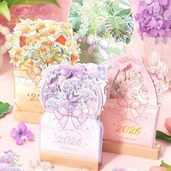 Calendario de escritorio independiente 2026 con decoración floral 3D