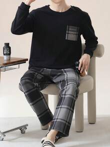 2 piezas Conjunto de pijama para hombre, camiseta de cuello redondo de manga larga y pantalón largo, ropa de estar en casa transpirable y que absorbe la humedad, para primavera/verano/otoño/invierno, ropa de otoño