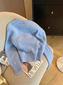 女式休闲秋季麻花针织圆领长袖毛衣上衣 - 寶藍色 - 查看 2