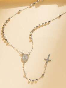 1pc Fashionable Versatile Steel-Color Rosary Necklace - Silver - View 4