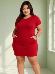 Plus Size Simple Casual Pocket Dress - 紅色 - 查看 1