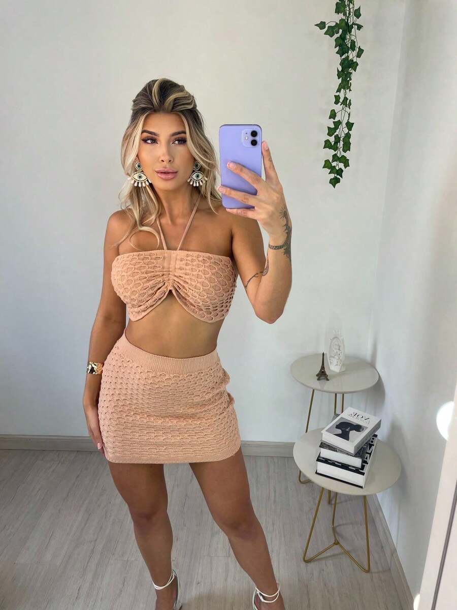 Women's Modal Knit Set With Relief Scales, Top And Skirt, Summer Knit - Desnudo - Ver 1