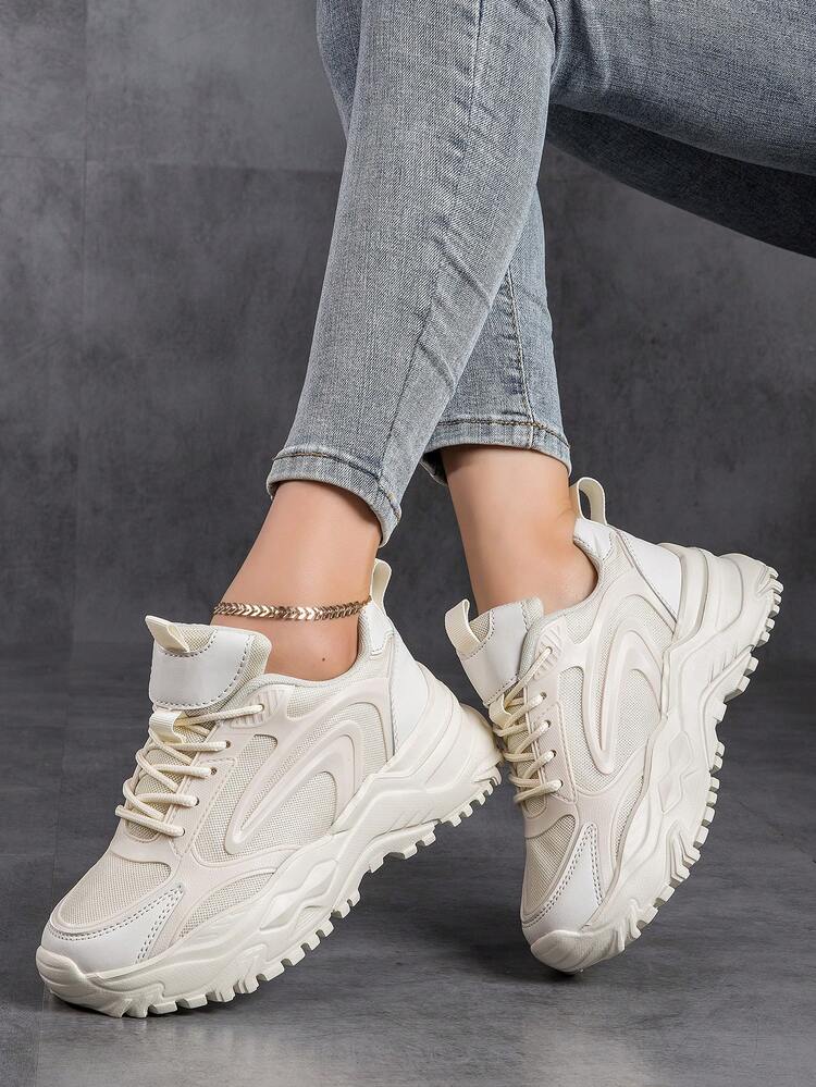 Women's Versatile Lightweight Breathable Casual Sports Shoes, Women's Patchwork Lace-Up Low-Top Soft-Sole Walking Shoes, Women's Thick-Sole Streetwear Chunky Sneakers, Women's Lightweight Non-Slip Running Sports Shoes - Beige - View 3