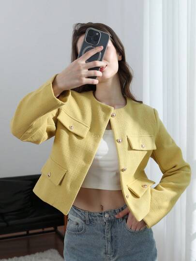 HH 女士优雅圆领装饰长袖纯色外套