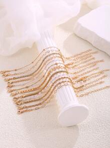 12 件复古优雅扁平蛇链、盒链、串珠链、扭纹链、水钻手链套装、创意空心心链、波浪链手链、朋克金属百搭珠宝，适合女性日常、休闲、派对 - 金色 - 查看 3