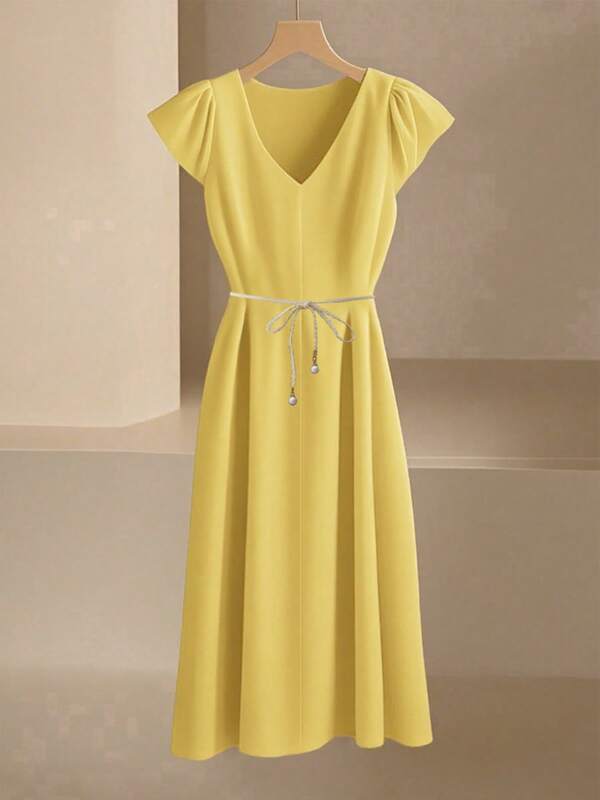 Elegant V-Neck Flare Sleeve Dress, Versatile Casual Comfortable Solid Color Midi Dress, Suitable For Commuting, Daily Wear, Back To School Season, Valentine's Day, Teacher's Day