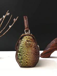 Classic Solid Color Mini Square Handbag, Crocodile Pattern Top Handle Bag For Women - 1#綠色+棕色 - 查看 4