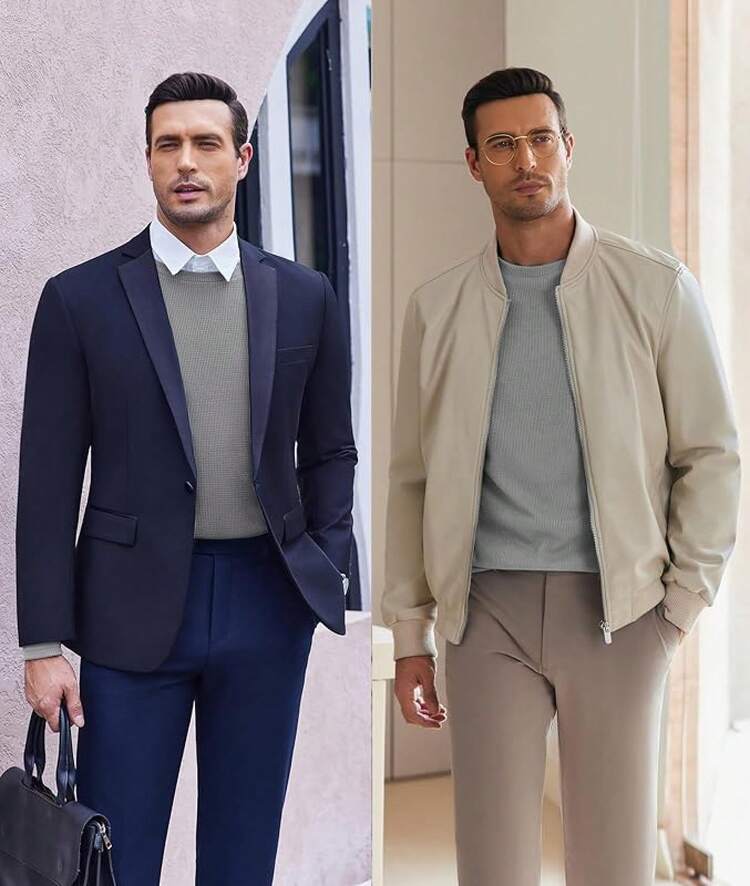 Men's Long Sleeve Shirts Honeycomb Waffle Pullover Sweater Crewneck Thermal Tops Lightweight Undershirts - Light Grey - View 5