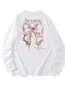 女士棉质宽松休闲长袖T恤，带字母、花朵和蝴蝶结印花，时尚百搭，春秋季