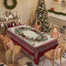 1pc Rectangular Tablecloth, Classic Red & Green Christmas Theme With Pine Branch & Berry Print, Suitable For Daily Family Gatherings, Living Room & Dining Room, Christmas Events, Durable Polyester Tablecloth, Stain Resistant