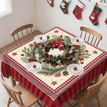 1pc Rectangular Tablecloth, Classic Red & Green Christmas Theme With Pine Branch & Berry Print, Suitable For Daily Family Gatherings, Living Room & Dining Room, Christmas Events, Durable Polyester Tablecloth, Stain Resistant