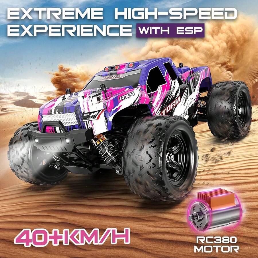 High-Speed Full Scale 4WD RC Car, All-Terrain Monster Truck, RC380 High Speed Motor, With Adjustable Strength Shock Absorber, 2.4GHz Remote Control, With 2 Rechagreable Batteries, Outdoor Sports Drifting/Racing/Climbing, Birthday Christamas Gifts For RC Hobby Beginner - 紫色 - 查看 1