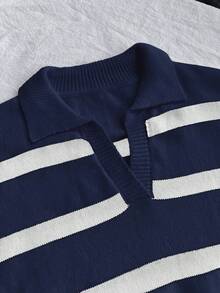 春秋新款复古条纹撞色长袖Polo领针织衫，女士宽松半开襟复古风套头衫，新年 - 飛雪白拼淺上青 - 查看 3