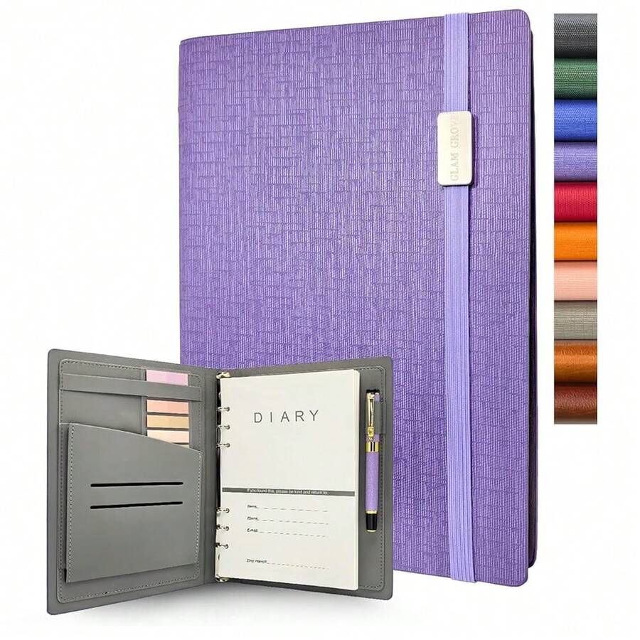 A5 Binder Refillable Notebook - Elegant Hardcover, 160 Pages Of 100G Thick Paper, 6-Ring Design With Pen Loop And Pockets - Ideal For Writing, Travel, Work, And School (Pink)-209586 - Màu tím - Xem 1