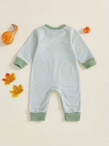 Baby Boy Thanksgiving Stripe Romper Casual Turkey Embroidery Long Sleeve Jumpsuit For Infant Toddler Cute Outfit - Green - View 2