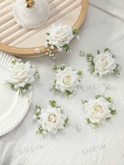 6pcs Elegant Rose Flower With White Gypsophila Boutonniere Set - Suitable For Wedding, Formal Party, Anniversary Celebration, Groom, Groomsmen, Parents Valentine's Day Accessories