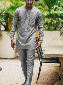 Men's 2-Piece Dashiki Set, Embroidered Pocket, Long Sleeve Round Neck Shirt With Split Hem, Elastic Waist Pants, African Style, Men's Casual Shirt & Trousers Set, New Season Design, For Party, Date, Wedding - Grey - View 1