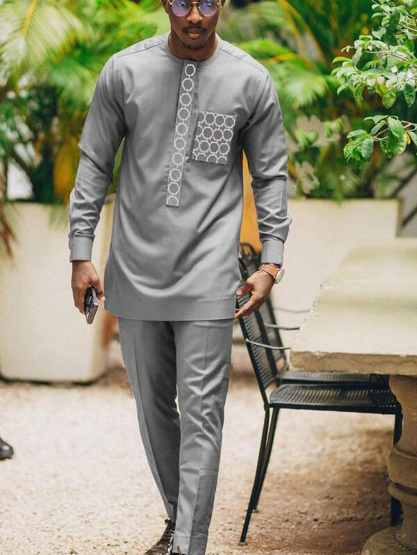Ensemble 2 pièces Dashiki pour homme, poche brodée, chemise à col rond à manches longues avec ourlet fendu, pantalon à taille élastique, style africain, ensemble chemise et pantalon décontracté pour homme, nouvelle conception de saison, pour fête, rendez-vous, mariage