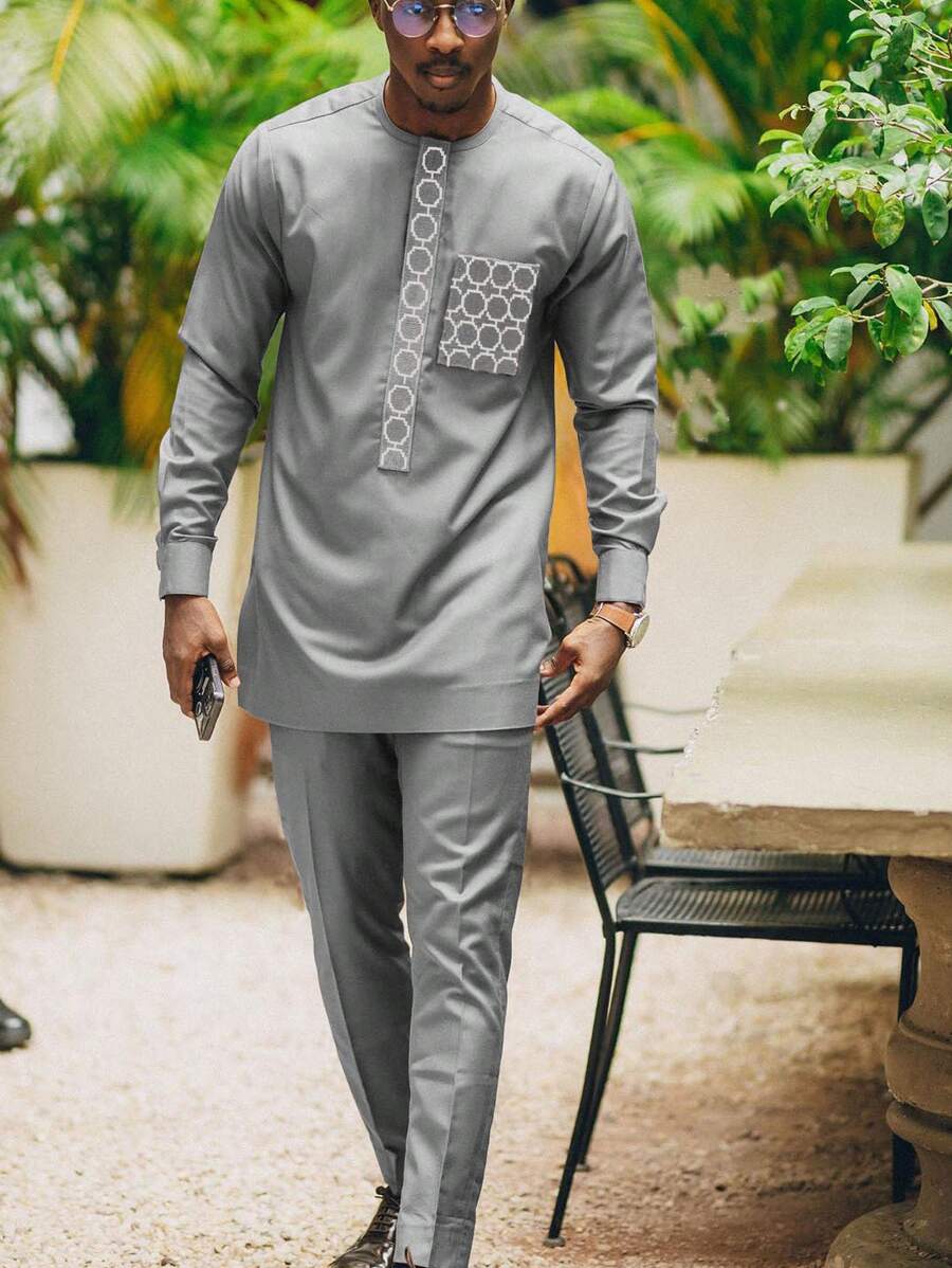 Men's 2-Piece Dashiki Set, Embroidered Pocket, Long Sleeve Round Neck Shirt With Split Hem, Elastic Waist Pants, African Style, Men's Casual Shirt & Trousers Set, New Season Design, For Party, Date, Wedding - Grey - View 1
