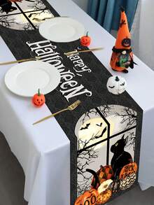 1pc 35x180cm Halloween Polyester Tablecloth, Happy Halloween Black Cat Pumpkin Window Scene, Black Cat And Bat Design Under Moonlight, Suitable For Halloween Party, Home Dining Table, High-End Holiday Decorative Fabric - Multicolor - View 9