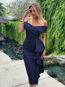 CurvySweet Curve-Hugging Elegant Vintage Strapless Ruffle Slit Midi Dress With Built-In Bra, Semi-Formal Cocktail Party Dress, Wedding Guest Dress - Navy Blue - View 6