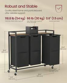 VASAGLE Laundry Sorter, 43.5 Gal. (165 L) Laundry Hamper Basket With 3 Compartments, Rolling Cart With Wheels, Shelf, Removable Bags, Pockets - 墨黑色+鄉村棕 - 查看 6