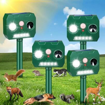 4 Pack Solar Ultrasonic Animal Repellent Outdoor, Cat Squirrel Raccoon Bird Dog Deer Repellent Devices With PIR Motion Sensor & LED Flash, Waterproof Animal Deterrent For Garden Yard Farm