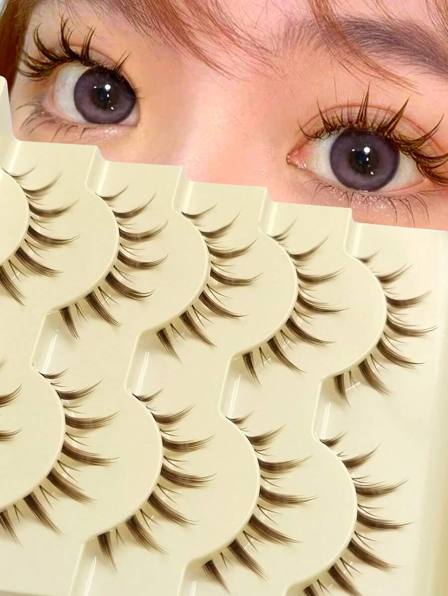 Rikuaild 5 Pairs Brown Cartoon False Eyelashes, Anime Style, Natural Soft Brown Lash Extension, Reusable Transparent Band, Natural Pointed False Eyelash Strips, Eyelashes - Bulu Mata Manga Runcing - View 1