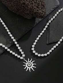 2pcs/Set Sunflower Pendant Beaded Double-Layer Necklace Set, Fashionable & Versatile For Men - Sunflower - View 5
