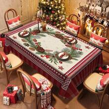 1pc Rectangular Tablecloth, Classic Red & Green Christmas Theme With Pine Branch & Berry Print, Suitable For Daily Family Gatherings, Living Room & Dining Room, Christmas Events, Durable Polyester Tablecloth, Stain Resistant
