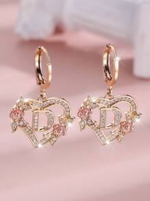 1 对心形首字母方晶锆石环形耳环，适合女士少女，精美心形雕刻 26 个字母 A-Z 和个性化名字花朵耳环，适合日常情人节珠宝生日礼物、妈妈、母亲、母亲节、礼物 - 花心形字母 - 查看 31