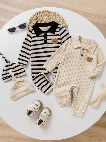 Bhchntiy 4pcs/Set Infant Autumn New Fuzzy Ribbed Polo Collar Cute Bear Jumpsuit And Hat Casual Fashion Outfit, Unisex
