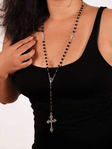 1pc Black Crystal Rosary Necklace Long Cross Pendant For Men Women Religious Y Necklace Jewelry - Black - View 4