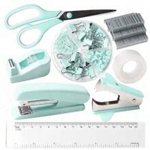 Juego de papelería rosa, accesorios de escritorio rosa, juego de grapadora y dispensador de cinta con regla transparente, tijeras rosas, dispensador de cinta, sacagrapas rosa, grapas, clips, útiles escolares y de oficina