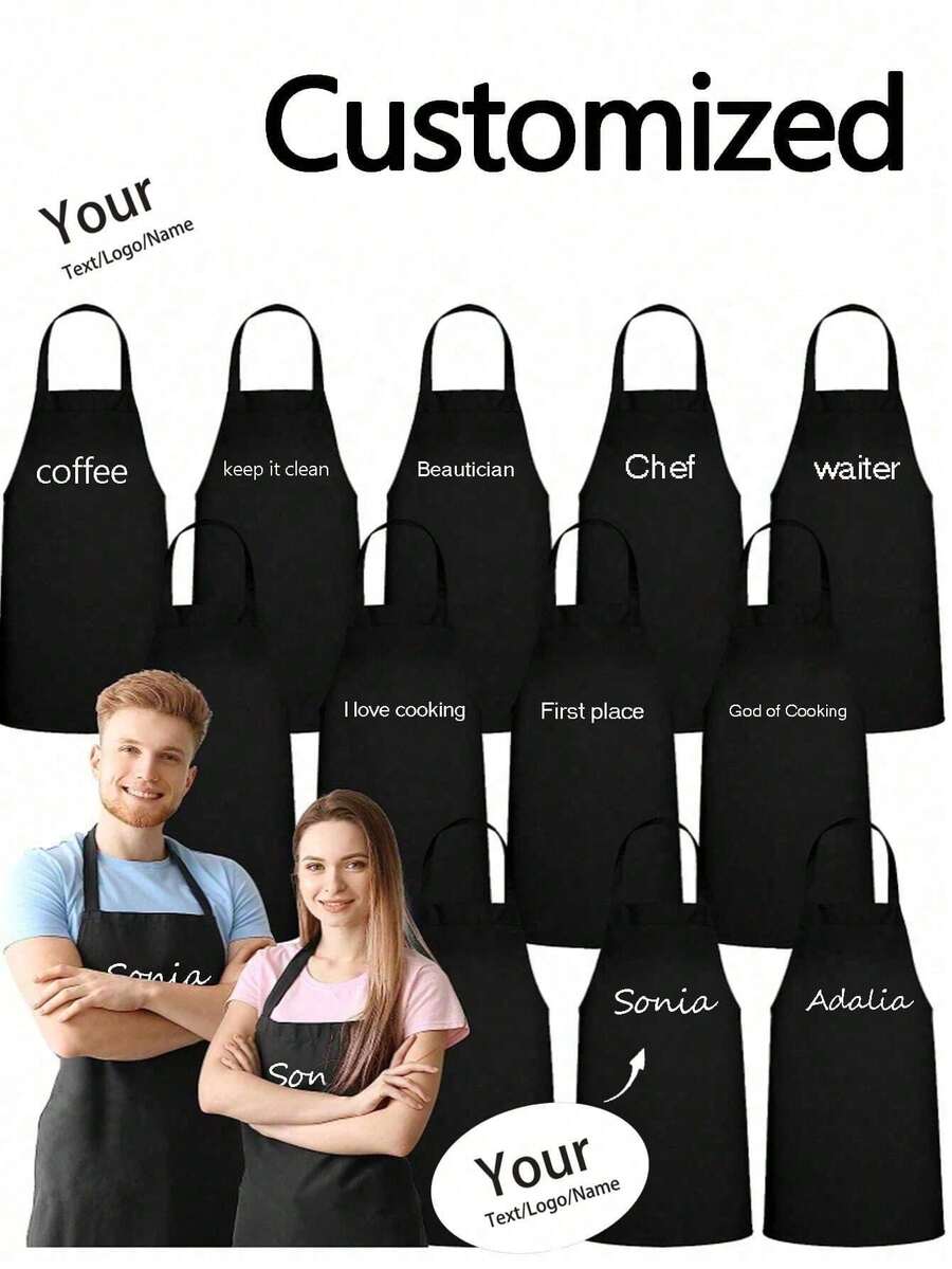 1/2pcs Customized Black Kitchen Cooking Apron, Modern Polyester Oil-Proof Apron, Black Kitchen Apron, Polyester Apron For Garden, Kitchen And Housework Perfect For Home, Restaurant, And Kitchen Cooking,Washing Gloves