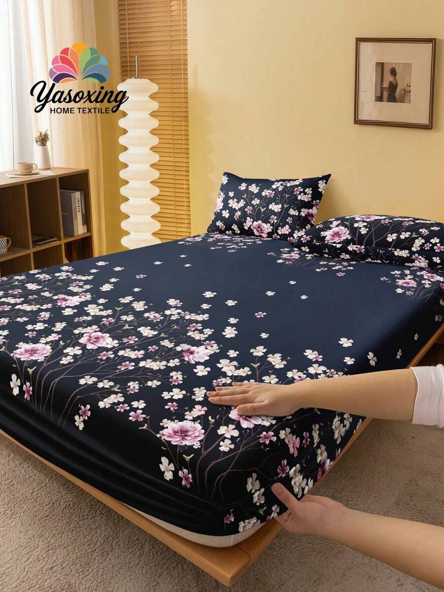 2/3pcs /Set Navy Blue Pink Branch Flower Pattern Fitted Sheet Set Without Filler, Fitted Sheet Set For Bedroom Brushed Microfiber Breathable Comfortable 1pc Mattress Cover With 1/2pcs Pillowcase, Bed Cover Set King Queen Full Twin Size Fitted Sheet Set For Bedroom Brushed Microfiber Breathable Comfortable Sheet Bedspread Deep Pocket Up To 11.8 Inch Breathable Wrinkle-Free Better For Sleep, Machine Washable Domitory Bedding Back School Bedding