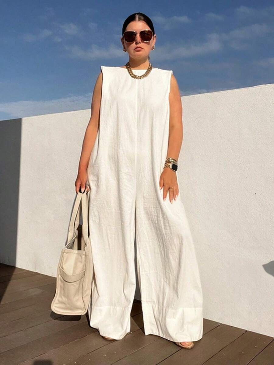 Summer Women's Casual Coveralls Solid Color Round Neck Sleeveless Loose Wide Leg Jumpsuit Streetwear Playsuit - 白色 - 查看 1