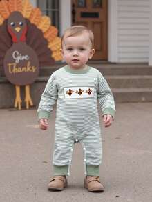 Baby Boy Thanksgiving Stripe Romper Casual Turkey Embroidery Long Sleeve Jumpsuit For Infant Toddler Cute Outfit - Green - View 7